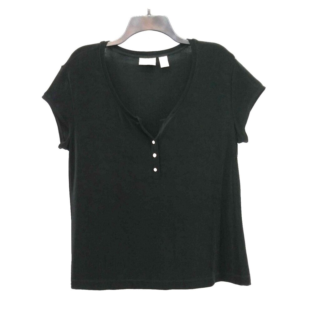 Chicos Shirt Women Size 3 Black Cap Sleeve V-Neck Casual Knit Top